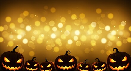 Border of menacing jack-o'-lanterns against a sparkling golden bokeh background.