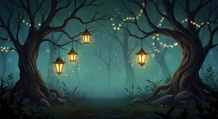 Magical forest scene with lanterns hanging from spooky, ancient, gnarled trees.