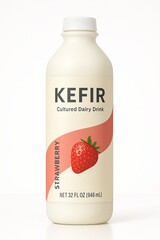 Closeup of Kefir Bottle Packaging with Label Isolated on Blank White No Background Generative Illustration Studio Render Strawberry