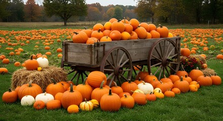Abundant harvest of pumpkins in an old wooden wagon at a pumpkin patch.