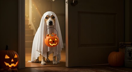 Beagle puppy in a ghost costume holding a full Halloween candy pumpkin.