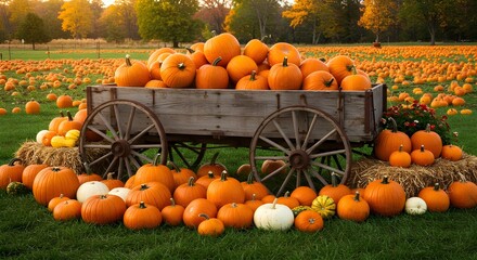 Wooden wagon overflowing with pumpkins on a beautiful, golden autumn day.