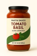 Rendering of Pasta Sauce Jar with Label Fake Product Isolated on Blank White No Background Tomato Basil