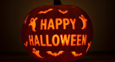 "Happy Halloween" message carved into a glowing pumpkin with ghosts and bats.