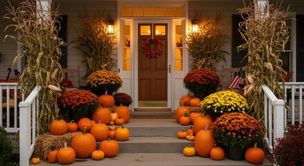 Cozy front porch decorated for autumn with pumpkins, mums, and corn stalks.