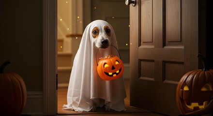 Adorable dog dressed as a ghost holds a pumpkin for trick-or-treating.
