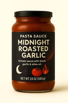Rendering of Pasta Sauce Jar with Label Fake Product Isolated on Blank White No Background Halloween Midnight Roasted Garlic