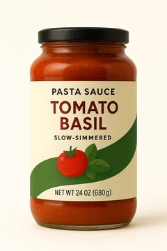 Rendering of Pasta Sauce Jar with Label Fake Product Isolated on Blank White No Background Tomato Basil