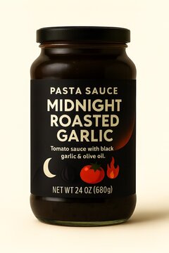 Rendering of Pasta Sauce Jar with Label Fake Product Isolated on Blank White No Background Halloween Midnight Roasted Garlic
