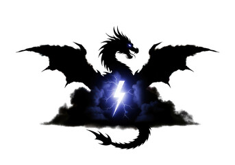 Mythical dragon with lightning striking from its chest in dark clouds creature fantasy Alien isolated on a transparent background