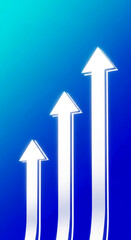 Three white arrows pointing upward on a gradient blue background, visually representing growth, progress, and upward trends in business or career