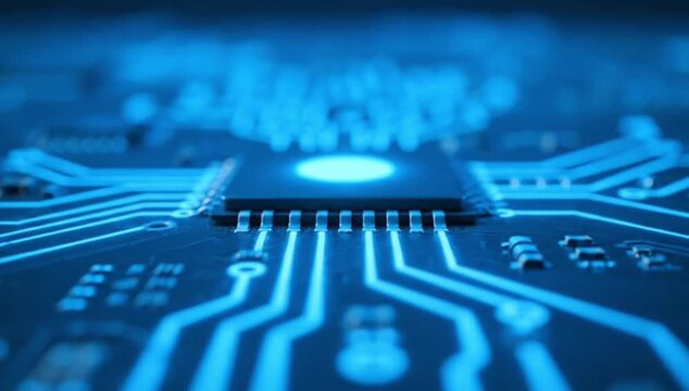 A close-up of a circuit board with a glowing blue microchip at its center. The camera slowly pulls back along the illuminated pathways, representing the flow of digital data