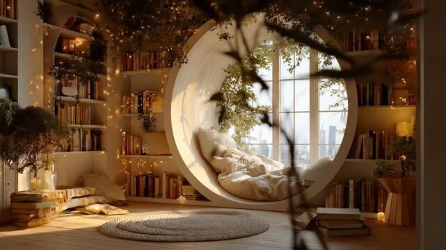 Cozy reading nook with circular window and bookshelves interior design