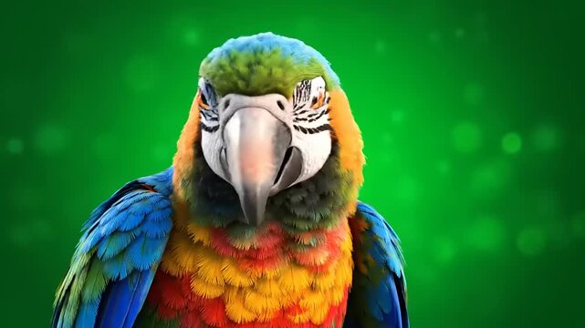 Close-up shot of a vibrant macaw parrot with colorful feathers, looking directly at the viewer.