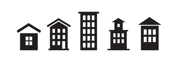 Building vector icon flat Set. House and building isolated Black and white colour