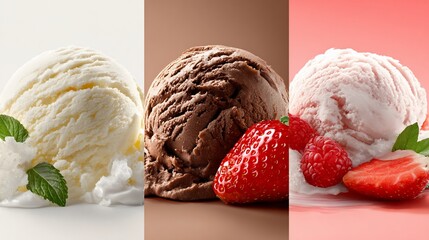 Trio of ice cream scoops vanilla, chocolate, strawberry with fruit garnish