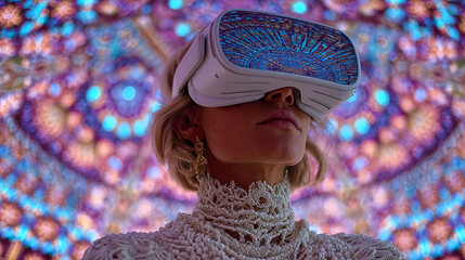 immersive businesswoman with vr headset and glowing data rings, futuristic decision maker in neon mandala world, visionary innovation in virtual reality business scene