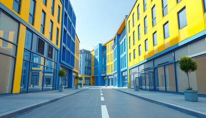 A vibrant, stylized street scene is presented, characterized by buildings painted in striking blocks of blue and yellow. The perspective is a wide-angle, low-level shot, Generative AI