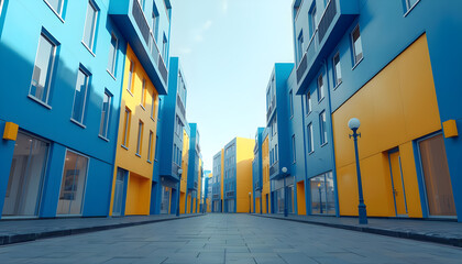 A vibrant, stylized street scene is presented, characterized by buildings painted in striking blocks of blue and yellow. The perspective is a wide-angle, low-level shot, Generative AI