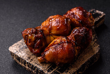 Fried chicken legs with teriyaki sauce, oven baked meat. Chicken legs