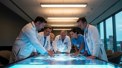 Medical Team Collaborating on Futuristic Touchscreen Table in Modern Conference Room - Powered by Adobe