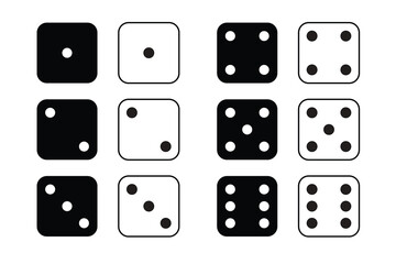 Game dice Icon with side of cube from one to six number. Set of black icon sided for gamble. Dot on cube of casino