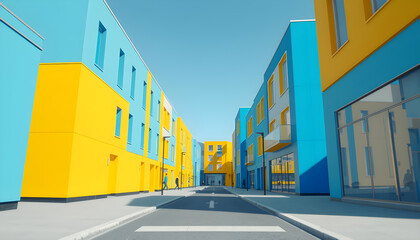 A vibrant, stylized street scene is presented, characterized by buildings painted in striking blocks of blue and yellow. The perspective is a wide-angle, low-level shot, Generative AI