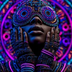 immersive businesswoman with vr headset and glowing data rings, futuristic decision maker in neon mandala world, visionary innovation in virtual reality business scene