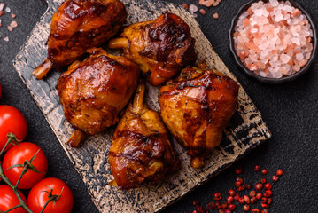 Fried chicken legs with teriyaki sauce, oven baked meat. Chicken legs