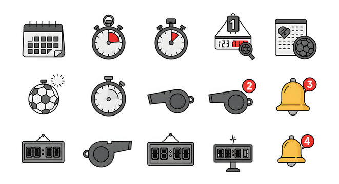 A collection of fifteen vector icons related to time, scheduling, and sports, including calendars, stopwatches, whistles, scoreboards, notifications, and a soccer ball.