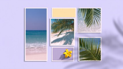 Tropical collage w/ palm trees, beaches, and flower on lilac background