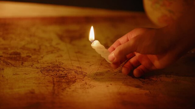 Hand with white candle illuminating vintage world map view in golden candlelight