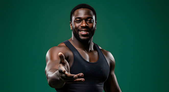 Smiling muscular African American man in a tank top extends his hand in a welcoming gesture against a green background.