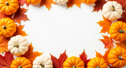 Orange and white pumpkins frame a white background, interspersed with autumn leaves.  A festive autumnal design, ideal for seasonal greetings or advertisements