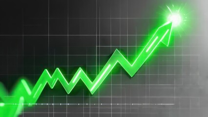 A vibrant green upward trend graph on a dark grid background, with a bright spotlight at the peak
