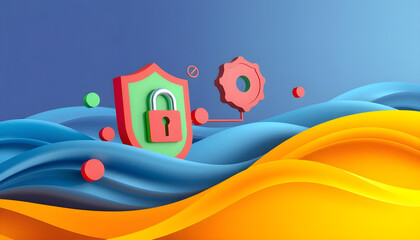 Cyber Security Concept with Shield, Lock and Gear Icons on Abstract Colorful Background. Generative AI