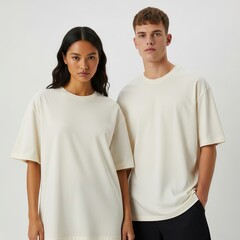 Obraz premium Versatile blank off-white oversized unisex t-shirt mockup, modeled by a diverse man and woman, offering a clean canvas for custom apparel designs, branding, and modern lifestyle fashion visuals