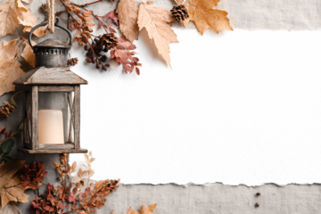 Autumn leaves and lantern frame a blank paper creating a rustic seasonal background for invitations and announcements