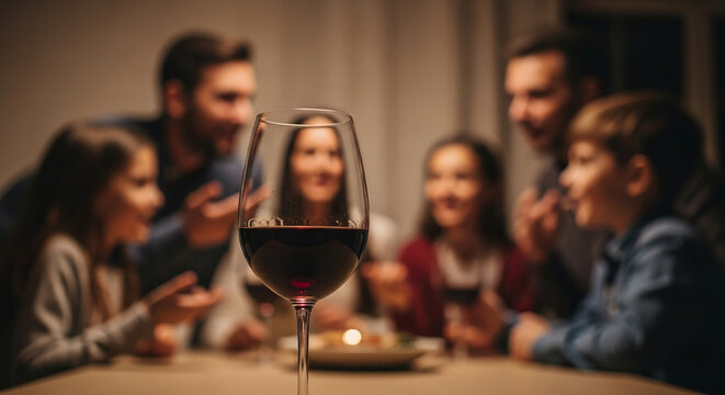 Foreground is a red wine glass, behind it is a blurred image of a group of people at a table, symbolizing a celebration, gathering or party