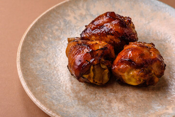 Fried chicken legs with teriyaki sauce, oven baked meat. Chicken legs