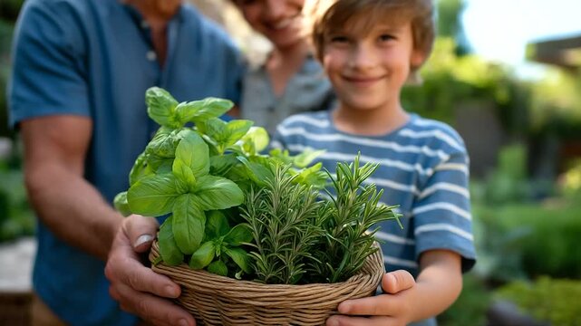 A family harvests herbs in a garden, with basil leaves snipped, rosemary sprigs bundled, a basket brimming, and a child smelling fresh mint, presented in a fragrant photo with leaf textures, twine