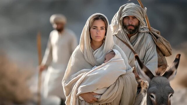 A family, their faces weary, travels on a dusty road, a donkey&rsquo;s hooves clopping. A woman cradles a swaddled infant, the cloth soft but worn. A man leads the donkey, his staff scarred from use. A