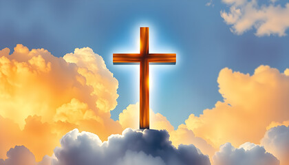 Wooden cross statue, sky background. Generative AI