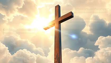 Wooden cross statue, sky background. Generative AI