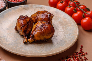 Fried chicken legs with teriyaki sauce, oven baked meat. Chicken legs
