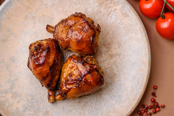 Fried chicken legs with teriyaki sauce, oven baked meat. Chicken legs