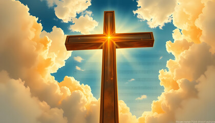 Wooden cross statue, sky background. Generative AI