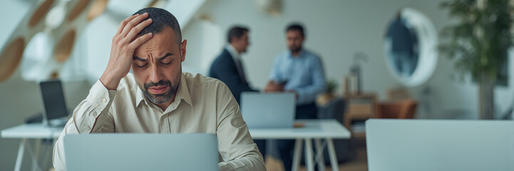 A stressed businessman sits at his desk in the office