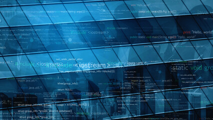 A captivating blend of reflective glass surfaces and programming code elements depicts the essence of modern technology and digital innovation in an urban setting. Xenic