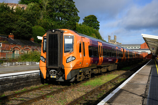 Shrewsbury, England, UK - September 9, 2025; West Midlands Trains class 196 Civity diesel multiple unit at Shrewsbury UK bay platform